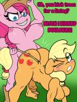  3:4 all_fours anthro anthro_on_anthro anthro_penetrated anthro_penetrating anthro_penetrating_anthro applejack_(mlp) big_breasts big_butt breast_size_difference breasts butt dialogue duo english_text equid equine friendship_is_magic gynomorph gynomorph/gynomorph gynomorph_penetrated gynomorph_penetrating gynomorph_penetrating_gynomorph hi_res horse intersex intersex/intersex intersex_penetrated intersex_penetrating intersex_penetrating_intersex lefthighkick mammal my_little_pony one_eye_closed penetration pinkie_pie_(mlp) pony profanity text 