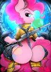  absurd_res ahekao big_butt bubble_gum butt clothed clothing equid equine female feral friendship_is_magic gun hi_res horse looking_at_viewer looking_back mammal my_little_pony pinkie_pie_(mlp) pony ranged_weapon solo weapon 