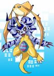  ambiguous_gender animal_skin black_nose blue_background blue_eyes claws digimon digimon_(species) feral gabumon horn markings patamon raven_allocen red_eyes riding simple_background smile spikes teeth wings yellow_body 