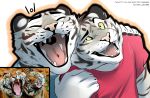  2020 anthro clothed clothing digital_media_(artwork) duo felid feral hi_res humor male mammal oduvan773 open_mouth pantherine smile teeth text tiger tongue url 