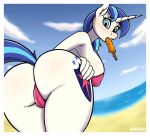  anthro banbanji beach bent_over big_breasts big_butt bikini_thong blush breasts butt clothing crossgender equid female food friendship_is_magic horn looking_back mammal my_little_pony nipple_outline popsicle rear_view seaside shining_armor_(mlp) solo swimwear unicorn water 