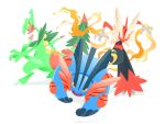  blaziken blue_eyes commentary creature english_commentary full_body gen_3_pokemon mega_blaziken mega_evolution mega_sceptile mega_swampert no_humans orange_eyes pokemon pokemon_(creature) sceptile simple_background swampert versiris white_background yellow_eyes 