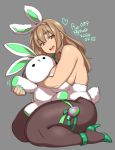  1girl 2020 agawa_ryou animal_ears bare_shoulders blonde_hair breasts bunny_ears bunny_tail bunnysuit commentary dated grey_background heart high_heels large_breasts looking_at_viewer open_mouth original pantyhose red_eyes round_teeth seiza sideboob simple_background sitting smile solo stuffed_animal stuffed_bunny stuffed_toy tail teeth thick_thighs thighs 