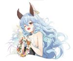  1girl animal_ears backless_dress backless_outfit bangs blue_hair breasts bunny_ears commentary_request cropped_torso dress earrings erune eyebrows_visible_through_hair ferry_(granblue_fantasy) flower_wreath from_side granblue_fantasy head_wreath highres hoop_earrings jewelry long_hair looking_at_viewer ohihil sideboob sideless_outfit single_earring upper_body wavy_hair white_background yellow_eyes 