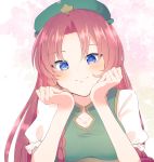  1girl :3 absurdres aoi_(annbi) bangs blush braid breasts cleavage cleavage_cutout closed_mouth eyebrows_visible_through_hair frilled_sleeves frills green_headwear hands_on_own_cheeks hands_on_own_face highres hong_meiling long_hair looking_at_viewer medium_breasts parted_bangs pink_background puffy_short_sleeves puffy_sleeves purple_eyes red_hair short_sleeves smile solo star straight_hair touhou twin_braids upper_body 