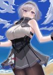  1girl absurdres azur_lane bangs bare_shoulders black_gloves black_hairband black_legwear blue_eyes blue_sky blush breasts closed_mouth cloud cowboy_shot day eyebrows_visible_through_hair gloves grey_skirt hair_ornament hairband hairclip high-waist_skirt high_collar highres kujuu_shikuro large_breasts outdoors pantyhose pleated_skirt reno_(azur_lane) short_hair silver_hair skirt sky sleeveless smile solo underbust work_in_progress 