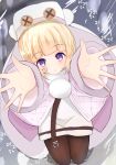  1girl arms_up azur_lane bandaid_on_cheek black_legwear blonde_hair blush coat eyebrows_visible_through_hair floral_print fur_trim gloves gradient gradient_background graphite_(medium) grozny_(azur_lane) hair_ornament hat highres jacket long_hair long_sleeves looking_at_viewer looking_up mechanical_pencil open_mouth pantyhose pencil pom_pom_(clothes) purple_eyes short_hair sitting solo traditional_media wata_(wataame) white_coat white_headwear winter_clothes 