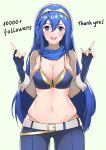  :d absurdres alternate_breast_size alternate_costume ass_visible_through_thighs bangs belt belt_buckle bikini black_gloves blue_bikini blue_eyes blue_hair blue_pants blue_scarf blush breasts buckle chungmechanic cleavage commentary_request cowboy_shot elbow_gloves fire_emblem fire_emblem_awakening gloves grey_background hair_between_eyes highres large_breasts looking_at_viewer lucina_(fire_emblem) navel open_mouth pants scarf shrug_(clothing) simple_background skindentation smile stomach straight_hair swimsuit thank_you thong tiara v-shaped_eyebrows wrist_cuffs 