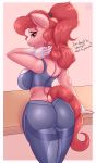  absurd_res anthro big_breasts big_butt breasts butt dialogue ear_piercing ear_ring equid equine female hi_res mammal mature_female my_little_pony nexcoyotlgt piercing rear_view scarlet_emerald solo 