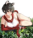  1girl alracoco animal_ears bangs bare_shoulders black_eyes black_hair blue_archive blush breasts cleavage collarbone elbow_gloves gloves grass highres large_breasts looking_at_viewer lying on_side red_gloves red_skirt short_hair sideboob sideless_outfit skirt smile thighs tsubaki_(blue_archive) 
