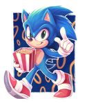  2020 absurd_res anthro black_nose blue_body blue_fur clothing eulipotyphlan food footwear fur gloves green_eyes handwear hedgehog hi_res holding_object looking_at_viewer male mammal popcorn shoes signature simple_background smile sonic_the_hedgehog sonic_the_hedgehog_(film) sonic_the_hedgehog_(series) spines splatterparrot video_games walking 
