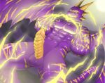  2020 6_fingers abs anonymous_artist anthro balls biceps big_penis digital_media_(artwork) digital_painting_(artwork) dragon electricity erection fighting_pose fingers genitals gold_markings grin horn lightning low_res magic magic_user male markings muscular muscular_male nipples nude penis pose purple_body purple_eyes purple_scales realistic realistic_lighting scales smile solo solo_focus standing wings yellow_eyes 