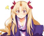  1girl :o ? alternate_costume bangs blonde_hair blush chata_maru_(irori_sabou) collarbone commentary_request ereshkigal_(fate/grand_order) eyebrows_visible_through_hair fate/grand_order fate_(series) hair_ribbon highres japanese_clothes jewelry kimono long_hair long_sleeves looking_at_viewer parted_bangs pink_kimono purple_kimono red_eyes red_ribbon ribbon simple_background solo two_side_up very_long_hair white_background wide_sleeves 
