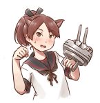  adapted_turret animal_ears black_sailor_collar brown_eyes brown_hair cannon cat_ears commentary_request kantai_collection karasu_(naoshow357) looking_at_viewer paw_pose ponytail remodel_(kantai_collection) sailor_collar school_uniform serafuku shikinami_(kantai_collection) short_hair simple_background turret upper_body white_background 