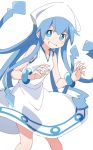  1girl blue_eyes blue_hair blush clenched_teeth dress hat ikamusume ixy long_hair looking_at_viewer shinryaku!_ikamusume simple_background sleeveless sleeveless_dress smile solo squid_hat teeth tentacle_hair white_background white_dress 