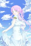  1girl :d absurdres aria blue_sky cloud copyright_name cowboy_shot dress floating_hair green_eyes hair_intakes highres kamehito long_dress long_hair looking_at_viewer looking_back mizunashi_akari open_mouth pink_hair sailor_collar sailor_dress shiny shiny_hair sidelocks skirt_hold sky smile solo standing tied_hair very_long_hair white_dress white_sailor_collar 