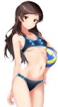  1girl absurdres arm_at_side bare_arms bare_shoulders bikini blue_bikini blush breasts brown_eyes brown_hair closed_mouth collarbone commentary_request cowboy_shot hand_on_hip highres homco idolmaster idolmaster_million_live! kitazawa_shiho long_hair looking_at_viewer navel simple_background small_breasts solo stomach swimsuit underboob volleyball white_background 