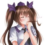  1girl arms_up black_neckwear blush brown_hair clenched_hands closed_eyes eyebrows_visible_through_hair facing_away food hair_between_eyes hair_ribbon hand_on_own_chest hand_on_own_face hat himekaidou_hatate mouth_hold necktie pocky pocky_kiss puffy_short_sleeves puffy_sleeves purple_headwear ribbon shiranui_(wasuresateraito) shirt short_hair short_sleeves simple_background solo tokin_hat touhou two_side_up upper_body white_background white_shirt 