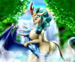  absurd_res anthro asian_mythology big_breasts bludraconoid breast_smother breasts chinese_mythology dragon east_asian_mythology female hi_res kirin male male/female membrane_(anatomy) membranous_wings my_little_pony mythology nude queen_rain_shine_(mlp) smothering waterfall wings 