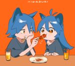  1boy 1girl :t animal_ear_fluff animal_ears antenna_hair bangs blue_hair blush brother_and_sister cat_ears chin_rest cup dish drink drinking_glass eating elbow_rest eye_contact eyebrows_visible_through_hair eyes_visible_through_hair food food_in_mouth grey_shirt hair_between_eyes hand_up head_rest holding holding_food jitome long_hair looking_at_another looking_to_the_side lowres meat mouth_hold niwabuki no_nose off-shoulder_shirt off_shoulder orange_background orange_eyes original satonaka_(niwabuki) satonaka_ruka shiny shiny_hair shirt short_sleeves siblings signature skewer table tareme 