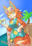  2020 animal_crossing anthro audie_(animal_crossing) beverage blonde_hair blue_eyes breasts canid canine canis clothed clothing cloud digital_media_(artwork) eyewear eyewear_on_head female hair hi_res holding_object ikaribunbun looking_at_viewer mammal nintendo one_eye_closed outside palm_tree sky smile solo sunglasses sunglasses_on_head tree video_games wink wolf 