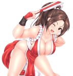  1girl bangs bare_shoulders blush breasts brown_hair cleavage collarbone commentary_request fatal_fury hand_on_hip hiballista highres holding japanese_clothes large_breasts leaning_forward long_hair looking_at_viewer ninja one_eye_closed open_mouth parted_bangs pelvic_curtain ponytail revealing_clothes rope shiny shiny_hair shiny_skin shiranui_mai simple_background smile solo the_king_of_fighters thighs white_background 