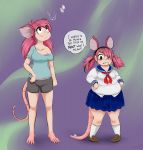  2019 annoyed anthro anthro_to_human armor barefoot before_and_after blush bottomwear bracers breast_shrinking breasts buckteeth clothing dialogue eyewear fake_ears fake_tail female glasses hair hi_res human looking_up mammal mentalcrash murid murine pigtails pink_hair rat rodent school_uniform shirt shorts shrinking simple_background solo species_transformation standing teeth topwear transformation uglification uniform weight_gain 