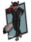  3:4 anthro athosvds black_tie_(suit) canid canine canis clothing green_eyes hat headgear headwear holding_hat looking_at_viewer male mammal pose red_tie smile solo suit wolf 