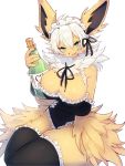  3:4 anthro baburusushi big_breasts bottle breasts clothing eeveelution female green_eyes hi_res jolteon looking_at_viewer maid_uniform nintendo open_mouth pok&eacute;mon pok&eacute;mon_(species) simple_background solo uniform video_games white_background 