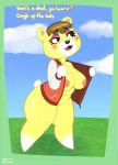 2020 animal_crossing anthro areola big_breasts blush border bottomless breasts brown_hair clothed clothing cloud deep_navel dialogue english_text erect_nipples eyelashes featureless_feet female flashing fur genitals grass hair hi_res jacket mammal navel nintendo nipples open_jacket open_mouth outside pussy shakotanbunny signature sky slightly_chubby solo standing tammy_(animal_crossing) text thick_thighs topwear ursid video_games white_body white_fur wide_hips yellow_body yellow_fur 