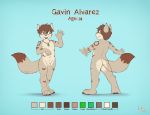  2019 4_toes 5_fingers anthro backsack balls butt canid canine claws dipstick_tail english_text eyewear fingers flaccid fox fur gavin_alvarez genitals glasses hair hi_res humanoid_hands iztli male mammal model_sheet multicolored_tail open_mouth penis perineum solo tan_body tan_fur teeth text toe_claws toes young 