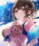  1girl bangs bare_shoulders bikini blue_background blue_bikini blush breasts brown_eyes brown_hair cleavage closed_mouth earrings hair_ornament idolmaster idolmaster_shiny_colors jewelry kuwayama_chiyuki large_breasts long_hair looking_at_viewer ponytail roudo_(idolnoatm) sash shawl smile solo swimsuit two-tone_bikini white_bikini 