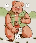  2011 anthro asian_clothing belly blush clothing domestic_pig east_asian_clothing fundoshi hi_res japanese_clothing japanese_text kemono male mammal masturbation navel outside overweight overweight_male pink_body ruco solo suid suina sus_(pig) text underwear 