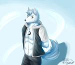 absurd_res anthro canid canine canis clothed clothing digital_media_(artwork) fur hair hakuhyogaki hi_res looking_at_viewer male mammal smile solo standing white_body white_fur wolf 