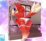  2020 4_fingers animal_crossing anthro audie_(animal_crossing) big_breasts blue_eyes breasts butt canid canine canis clothing condom female fingers hi_res holding_condom holding_object mammal nintendo panties raised_tail sexual_barrier_device shnider signature smile solo underwear video_games wolf 