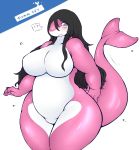  ! 2017 ? anthro big_breasts black_hair blush bodily_fluids breasts featureless_breasts featureless_crotch female fish green_eyes hair implied_transformation izumi_(artist) long_hair marine nude open_mouth shark simple_background slightly_chubby surprise tears 