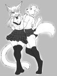  2020 3:4 ajna anthro bottomwear breasts canid canine canis carrotwolf clothed clothing crossdressing duo felid feline female fur hair hi_res male mammal monochrome school_uniform simple_background skirt tee uniform wolf 