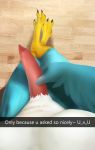  absurd_res anthro avian blue_body blue_feathers crossed_legs dick_pic english_text erection feathers feet first_person_view genitals hi_res kris_(krisdabirb) male miraoff penis presenting presenting_penis relaxing snapchat solo tapering_penis teasing text 