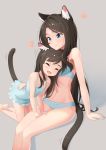  2girls all_fours animal_ear_fluff animal_ears barefoot black_hair blue_bra blue_camisole blue_eyes blue_panties bra breasts camisole cat_ears cat_tail child closed_eyes cuddling fang grey_background hand_on_another&#039;s_back hands_on_another&#039;s_thighs heart highres long_hair mother_and_daughter multiple_girls navel nekoze_(s22834712) open_mouth original panties simple_background sitting smile tail thighs underwear underwear_only 