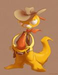  belt brown_background commentary cosplay cowboy_hat creature english_commentary frown gen_5_pokemon hat no_humans pokemon pokemon_(creature) rango rango_(cosplay) rango_(movie) scraggy simple_background solo standing versiris 