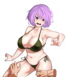  1girl a-1_bloody_panther absurdres areolae bangs beeeeen_213 bikini blue_eyes blush breasts collarbone disembodied_limb green_bikini highres large_breasts last_origin looking_down navel open_mouth partially_visible_vulva purple_hair short_hair side-tie_bikini simple_background solo_focus strap_gap swimsuit thigh_grab wedgie white_background 