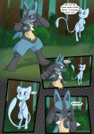  ... 3_fingers 3_toes ? ambiguous_gender anthro black_body black_fur blue_body blue_eyes blue_fur brown_eyes comic detailed_background dialogue digitigrade dinodoggo duo english_text feral fingers floating fur grass hi_res legendary_pok&eacute;mon looking_at_another lucario mew nemi_(dinodoggo) nintendo open_mouth outside pattern_background plant pok&eacute;mon pok&eacute;mon_(species) semi-anthro sequence shrub simple_background smile speech_bubble standing tan_body tan_fur text toes tree video_games 