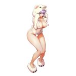  1girl bear_hood bear_slippers blush bottomless breasts censored cleavage full_body galloping_atalanta green_eyes highres kakiman last_origin looking_at_viewer naked_shirt official_art purple_hair shirt slippers solo tachi-e transparent_background 
