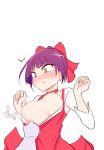  arms_up assisted_exposure blush breasts breasts_outside dress gegege_no_kitarou highres nekomusume nipples no_bra purple_hair shirt_pull simple_background surprised sweatdrop uchiwatan white_background yellow_eyes 