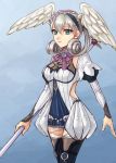  1girl blue_background braid crown_braid curly_hair feathered_wings green_eyes head_wings highres holding long_hair melia neck_ribbon o-ring parted_lips purple_ribbon ribbon silver_hair simple_background solo thighhighs twintails wasabi_222 white_wings wings xenoblade_(series) xenoblade_1 