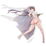 1girl al_phantom_(last_origin) ass bangs boots breasts from_behind full_body gun highres imi_uzi knife large_breasts last_origin leotard long_hair looking_at_viewer ponytail red_eyes rorobomb solo submachine_gun tachi-e thigh_boots thighhighs transparent_background veil weapon white_legwear 
