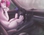  2016 3_toes 4_fingers 5:4 anthro barefoot biped black_claws car casual_nudity claws curiouspie digital_media_(artwork) dragon fingers fur furred_dragon hair half-closed_eyes hand_on_face male narrowed_eyes nude nylla pink_hair porsche signature sitting smile solo toe_claws toes vehicle white_body white_fur white_tail 