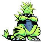  claws closed_mouth clothed_pokemon collar commentary creature crossed_arms english_commentary fangs full_body gen_2_pokemon looking_at_viewer no_humans pokemon pokemon_(creature) serious simple_background solo spiked_collar spikes standing tyranitar versiris white_background 