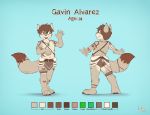  2019 4_toes 5_fingers anthro canid canine character_name claws clothing countershading dipstick_tail english_text eyewear fingers fox fur gavin_alvarez glasses hair hi_res humanoid_hands iztli loincloth mammal model_sheet multicolored_tail simple_background solo tan_body tan_fur text toe_claws toes young 