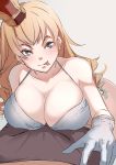  1girl absurdres blonde_hair blue_eyes bra breasts cleavage collarbone crown gloves highres large_breasts lion_(warship_girls_r) long_hair looking_at_viewer lubikaya1 solo_focus tongue tongue_out underwear warship_girls_r white_background white_bra white_gloves 